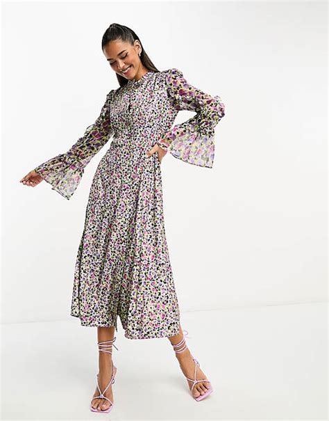 French Connection Ditsy Floral Ruffle Midi Dress In Bright Green Asos