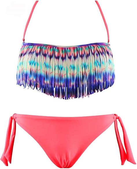 Maillot de Bain Femme Bikini 2 pièces Fluo Bandeau à Franges Amazon fr Mode