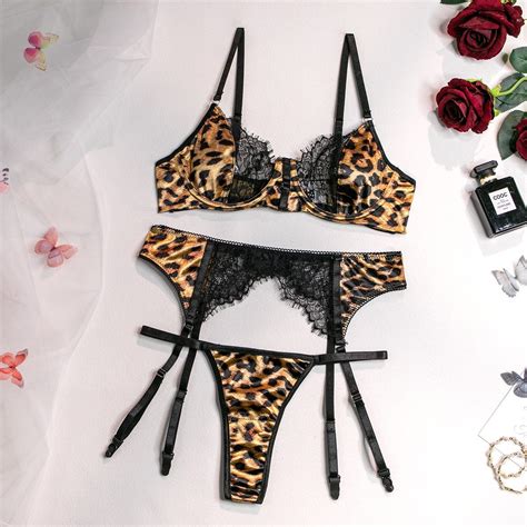 Leopard Skin Temptation Lace Underwear See Through Lingerie With Garter