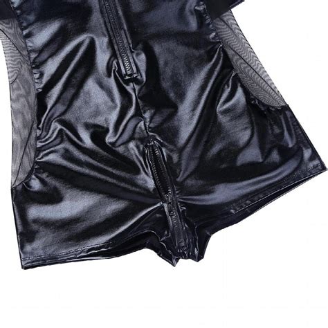 Mens Wetlook Patent Leather Bodysuit Sexy Side Sheer Mesh Front Zipper Jumpsuit Male Gay Latex