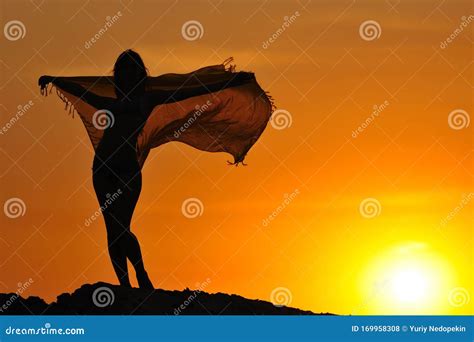 Silhouette De Mujer En Bikini De Pie Y Sosteniendo El Pareo En Manos Alzadas Foto De Archivo