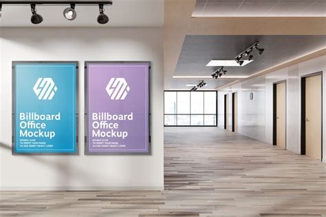 Premium Psd Two Vertical Billboards Hanging On Office Wall Mockup