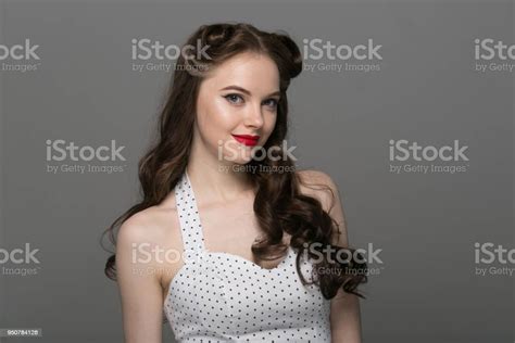 Pin Up Girl Vintage Beautiful Woman Pinup Style Portrait In Retro Dress