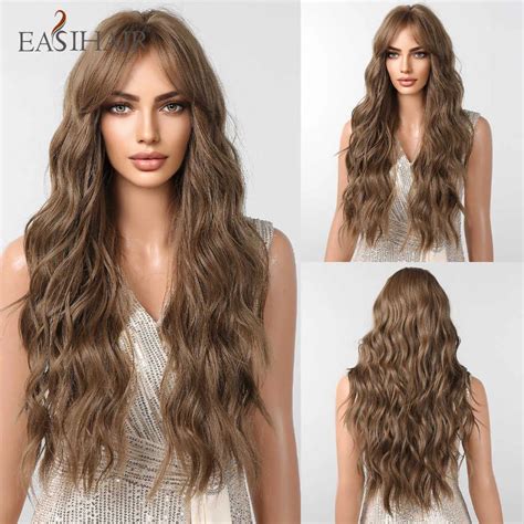 Synthetic Wigs Easihair Ombre Black Chestnut Brown Synthetic Wigs With Bangs Long Natural Wavy