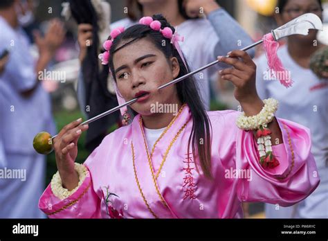 During the Vegetarian Festival in in Phuket Town, Thailand, a spirit ...