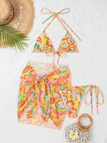 Allover Print Halter Triangle Bikini Swimsuit With Beach Skirt SHEIN USA