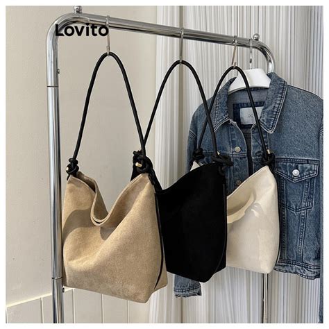 Lovito Women Casual Plain Buckle Bucket Bag Simple Texture Shoulder