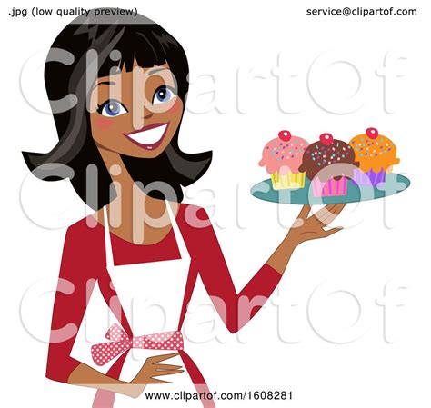 Clipart Of A Happy Black Baker Woman Holding A Tray Of Cupcakes