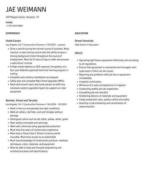 Construction Foreman Resume Samples Velvet Jobs