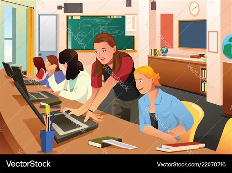 Female teacher in computer class with students Vector Image