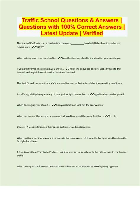 Traffic School Questions & Answers | Questions with 100% Correct
