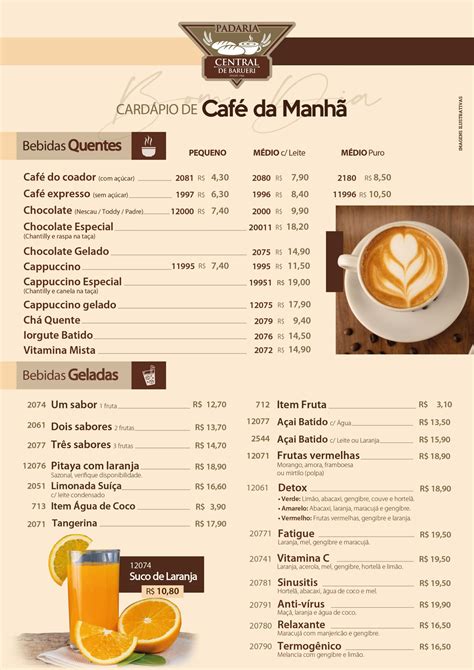 Cardápio Café da Manhã Padaria Central de Barueri