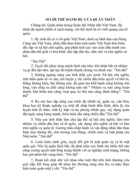 10 LỜI THỀ DANH DỰ CỦA QUÂN NHÂN 10 LỜI THỀ DANH DỰ CỦA QUÂN NHÂN