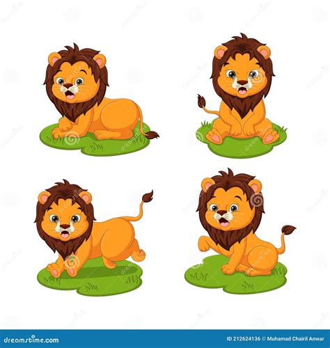 Conjunto De Dibujos Animados Lindos Leones Bebé En La Hierba