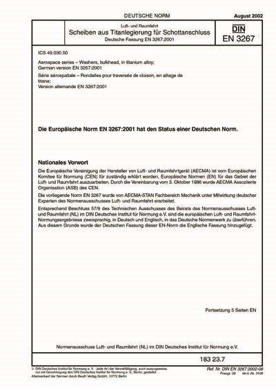 DIN EN 3267:2002 - Aerospace series - Washers, bulkhead, in titanium alloy