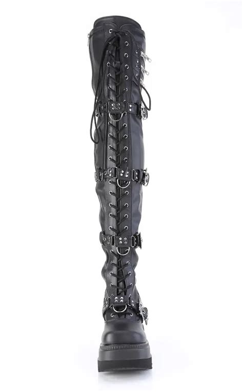 Demonia Shaker 420 Black Matte Thigh High Boots Gothic Shoes Australia