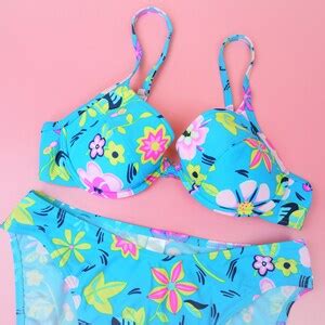 Vintage Y2K Blue Floral Bikini Set Underwire Shaped Bra Top And