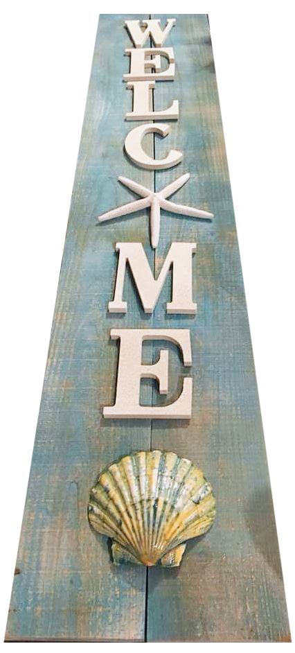 Vertical Wood Plank Welcome Signs With A Coastal Beach And Sea Life Theme