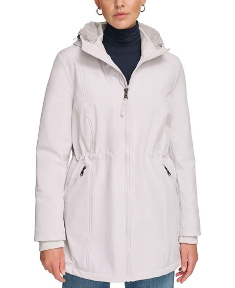 Calvin Klein Petite Hooded Faux Fur Lined Anorak Raincoat In White Lyst