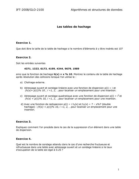 Exercices Hachage IFT 2008 GLO 2100 Algorithmes Et Structures De