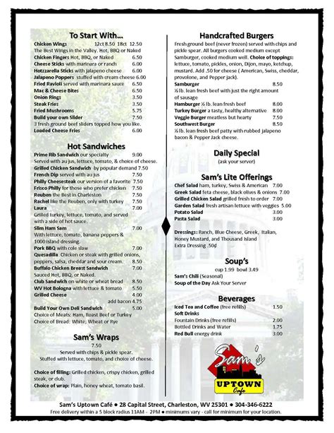 Menu At Sams Uptown Café Pub And Bar Charleston