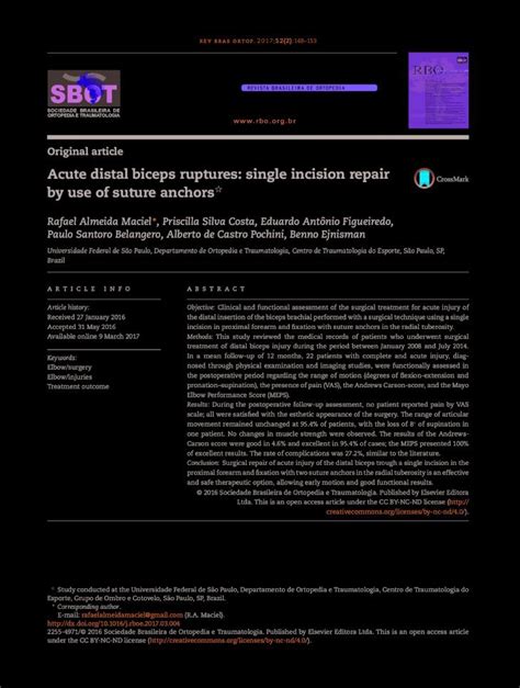 Pdf Acute Distal Biceps Ruptures Single Incision Repair By €¦ · Used Are Bone Tunnel