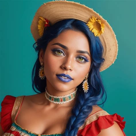 Uma mulher cabelo azul e um chapéu de palha flores nele vestido