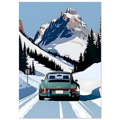 Porsche 911 Carrera Poster Alpine Mountains Snow Car Poster Vintage