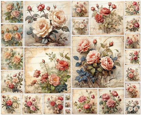 25 Watercolor Vintage Rose Digital Paper Set Junk Journal Kit Paper