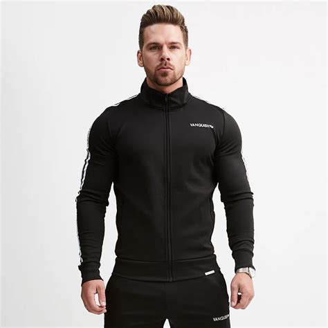 Black Sport Jacket Men Gym Fitness Top Running Jogging Jacket Zipper