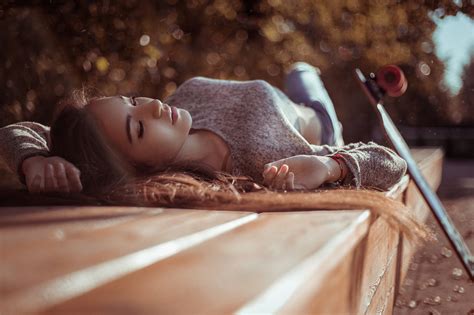 Women Brunette Lying On Back Women Outdoors Face Long Hair