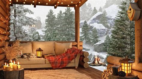 Cozy Winter Porch With Relaxing Snow Falling And Crackling Campfire For