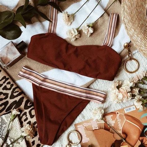 Sexy Wine Red Bikini Stripe Strap Two Piece Bikini Swimsuit Bikinis