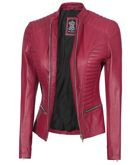 Women S Pink Cafe Racer Leather Jacket Padded Style