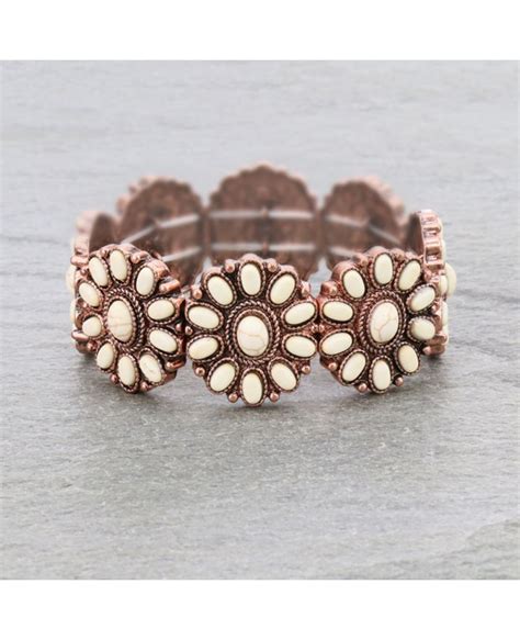 Western Style Cowgirl Ivory Copper Stretch Bracelet Concho Flowers