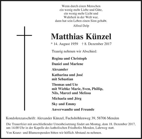 Traueranzeigen von Matthias Künzel Trauer in NRW de