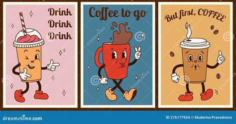 Set 3 Posters With Groovy Coffee Characters With Motivation Quotes In