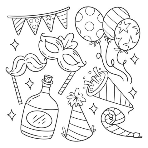 Hand Drawn Happy New Year Party Element Set Of For Coloring 14644116