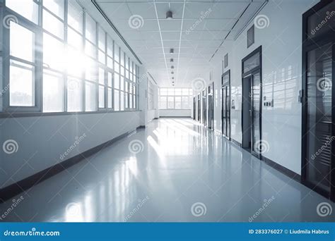 Interior Of A Modern Hospital Corridor With White Walls And Glass Doors