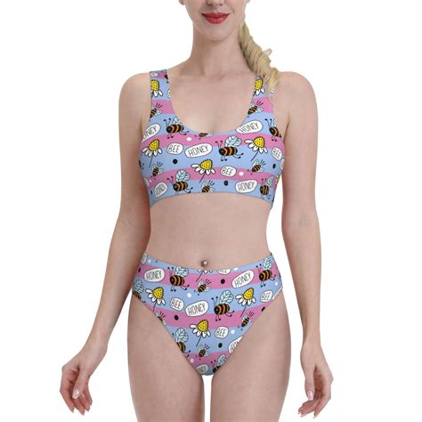 Adobk Bees And Daisies Striped Print Women High Waisted Bikini Set