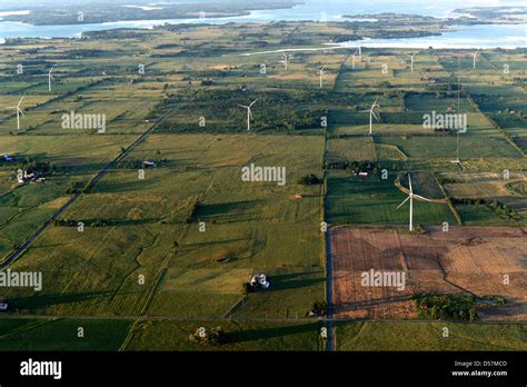 Aerial view of the Wolfe Island Wind Project and farms on Wolfe Island ...