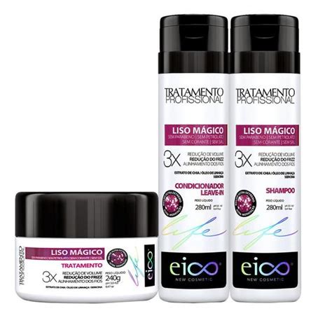 Kit Eico Liso Mágico Shampoo e Condicionador Leave in 280ml Creme