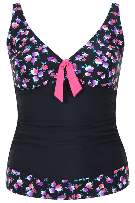 Black And Multi Floral Print A Line Tankini Top Plus Size 16 18 20 22 24