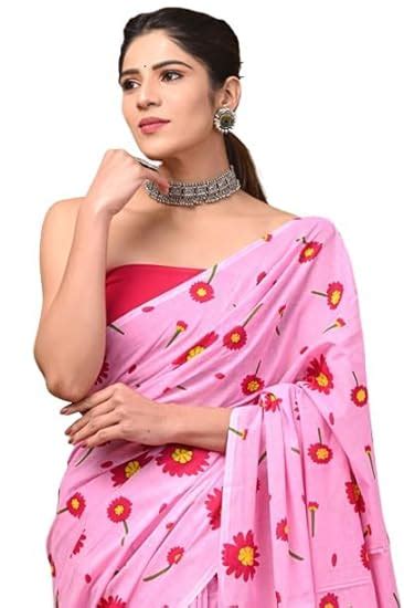 Buy Jashvita Block Printed Pure Cotton Mulmul Saree For Women With