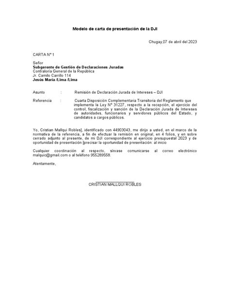 Modelo De Carta Declaración Jurada De Intereses Pdf