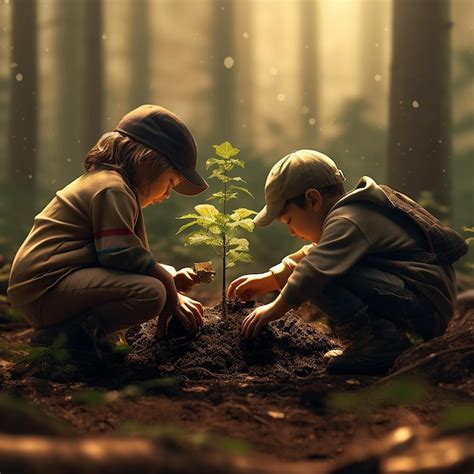 Niños plantando árboles en el bosque Foto Premium