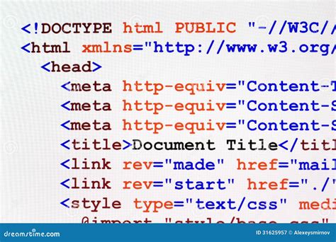 Vista Delantera Del Código De La Página Web Del Html Imagen De Archivo