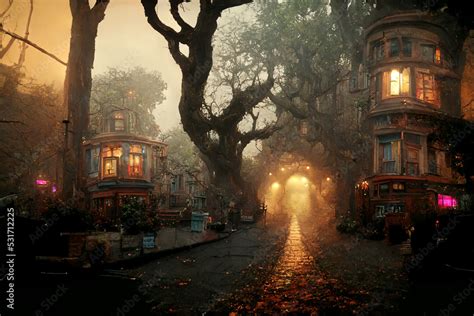 Stock Illustrationen Spooky Empty Alley Of Mystical Autumn Old Town 3D