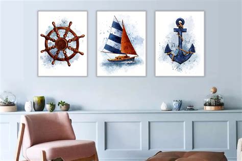 Set of 3 Nautical Wall Art Decor By ArtedeCatrin | TheHungryJPEG