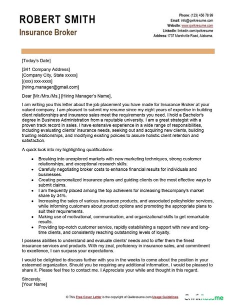 Insurance Broker Cover Letter Examples Qwikresume